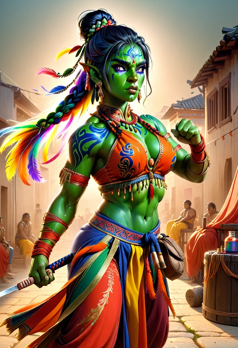 (a beautiful orc woman warrior with green skin, tusks, 6 pack abs, toned muscles, long single braid with bun, east indian clothing, colourful bodypaint, fierce expression, perfect skin, dramatic martial artist pose, boxing stance, fist wraps, full body shot, photorealistic masterpiece painting, model shoot style, extremely detailed CG octane render, 8k, sharp focus, high detail, intricate, dramatic, vivid colors, best quality, masterpiece:1.2)