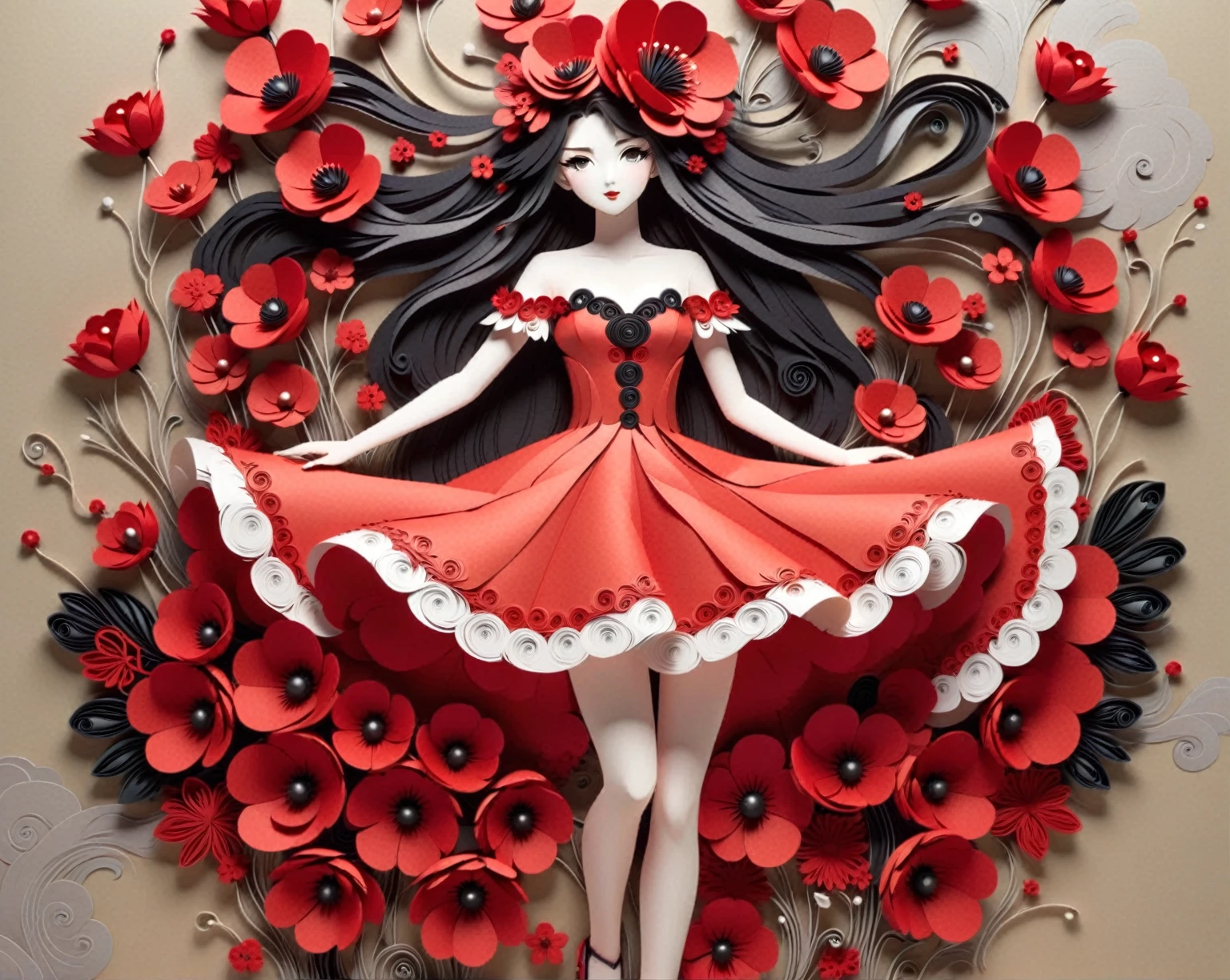 a close up of a paper doll with red flowers on it, paper modeling art, paper art, rin tohsaka, made of paper, layered paper art, sakimi chan, korean art nouveau anime, the girl made out of flowers, made from paper, grayscale phtoto with red dress, paper cut art, paper quilling, intricate ornate anime cgi style