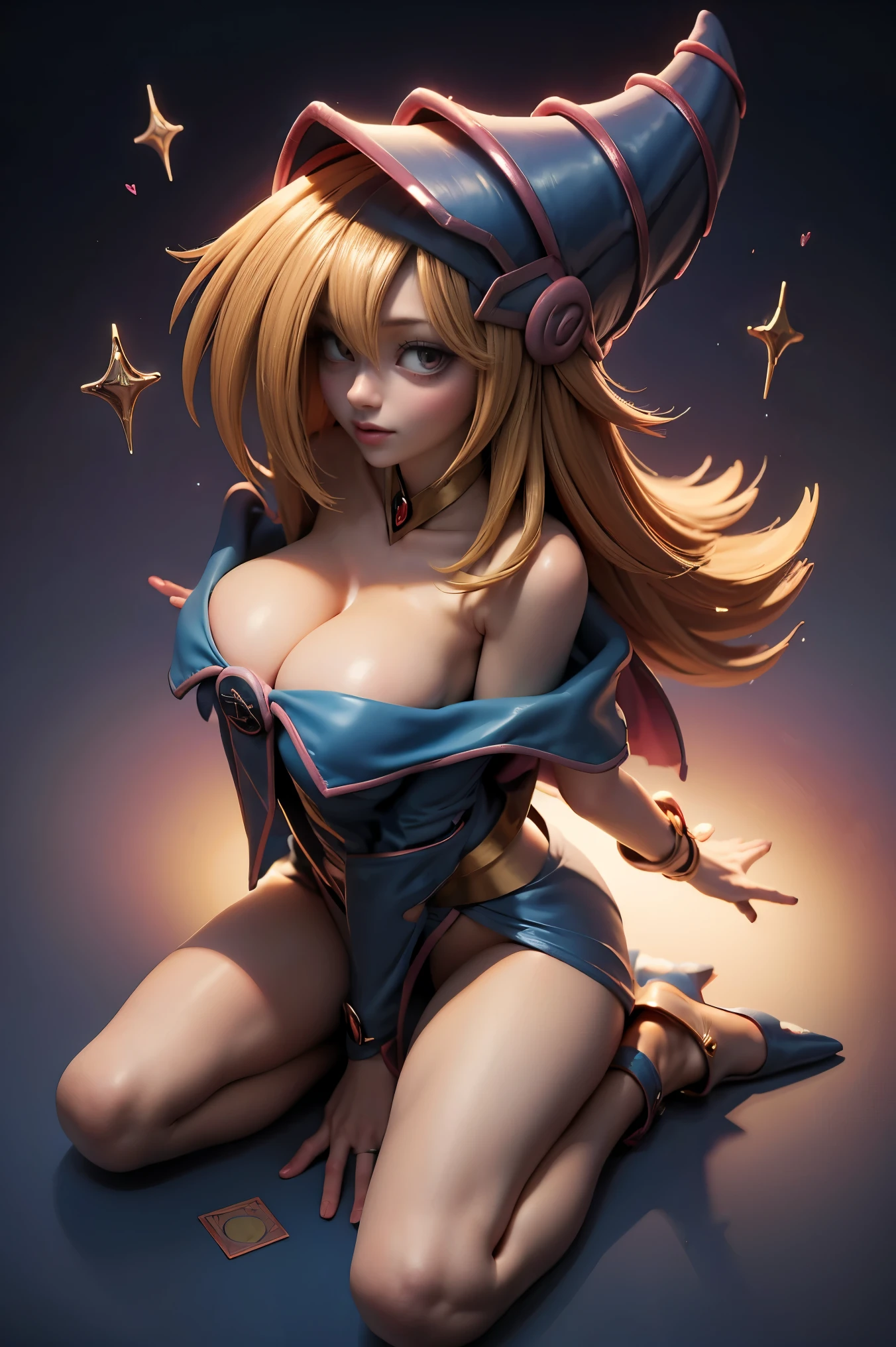 (Masterpiece:1.2), (The best quality:1.2), perfect lighting, Dark Magician Girl casting a spell, floating in the air, big tits, neckline, magic background. Transparent hearts in the air, blue robe, big hat, From above, sparkles, Yugioh Card in the background. In heels and a bikini
