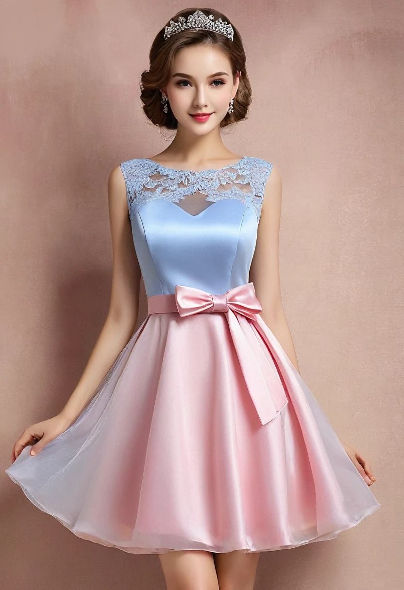 Please design an attractive beautiful
woman' party dress considering the following parameters:
1. Color: Red, Pink, Blue
2. Length: Short, Midi, Long
3. Fabric: Satin, Silk, Tulle
4. Details: Lace, Bow, Belt
5. Occasion: Wedding, Party, Birthday
The design should be appealing, modern, and suitable for young girls.