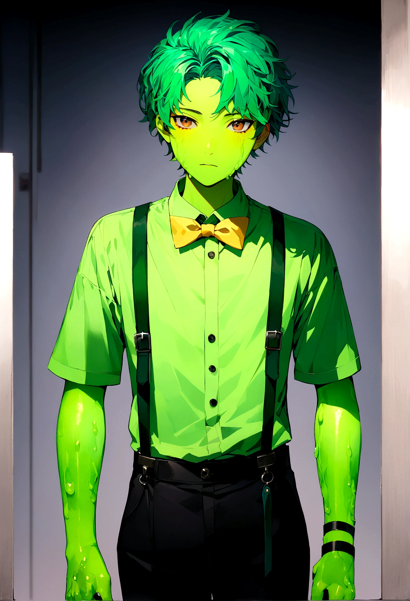 A 17 year old male teenager with a green jelly skin, brown eyes and a blue, green hair, wearing a light green shirt wearing dark green straps, and black pants and a yellow bowtie.