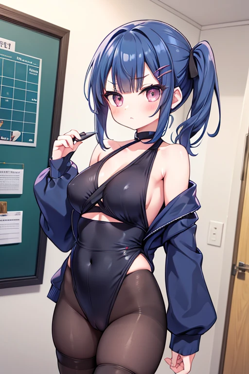 Cute naughty Assassin girl, Pastel colors hair, medium breasts, (Thighs, fishnet pantyhose, ninja costume), short hair, (dark blue hair:1.2), (naked:1.3), (forehead:1.2, bangs pinned back, asymmetrical bangs, hairclip, side ponytail:1,2), standard height, (Serious, Large eyes, yuruyuri), at the adventurer's guild, A bulletin board with posted paper