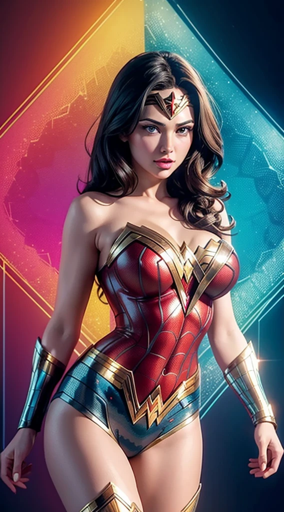 Wonder Woman (big tits) in the style of Spider-Man, masterpiece, best quality, abstract, psychedelic, neon, (honeycomb pattern), (creative:1.3), sy3, SMM, fantasy00d
