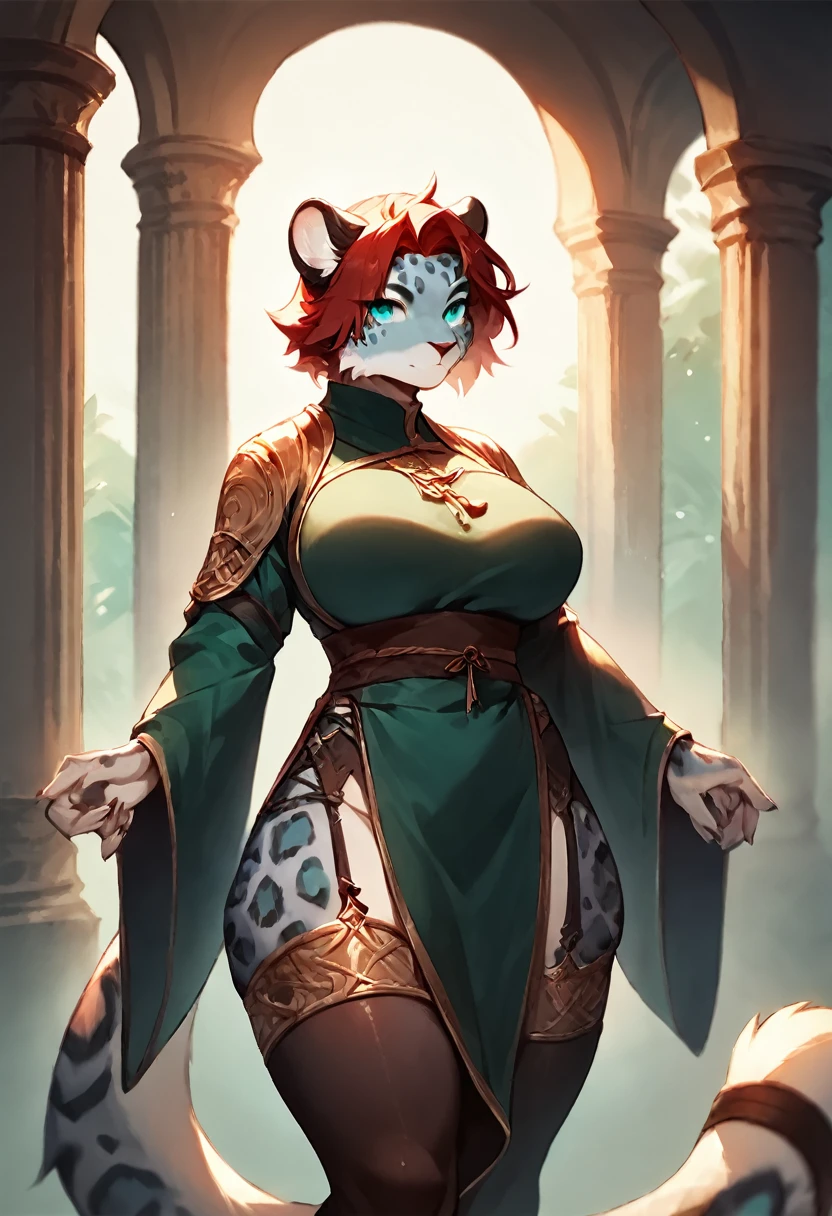 score_9, score_8_up, score_7_up, score_6_up, score_5_up, score_4_up, (solo), female anthro Snow leopard, (((monk clothes))), lusty, fluffy body, long dark red hair, turquoise eyes, (thick thighs:1.3) (she is standing) garter belt tights, giant breasts