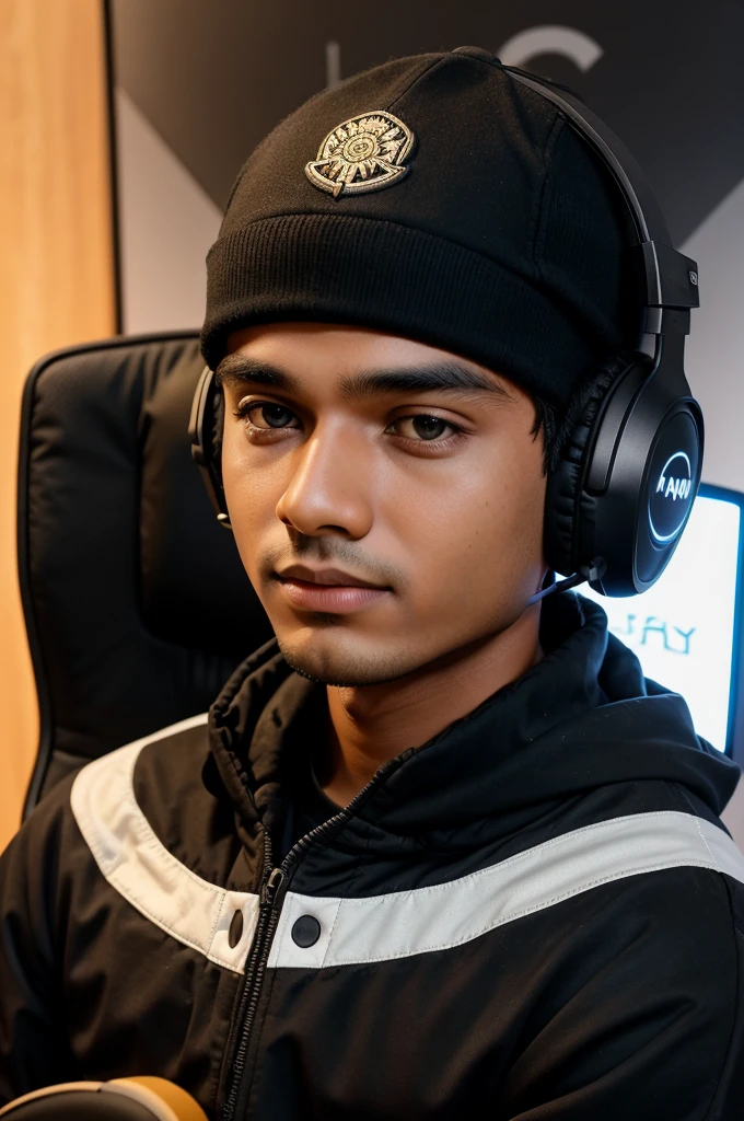 create ai image A boy 25 years old Indian siteing on chair and bearing black huddy and gaming headphone back background YouTube studio lighting and using mic and leptop
And the boy was looking ahead.