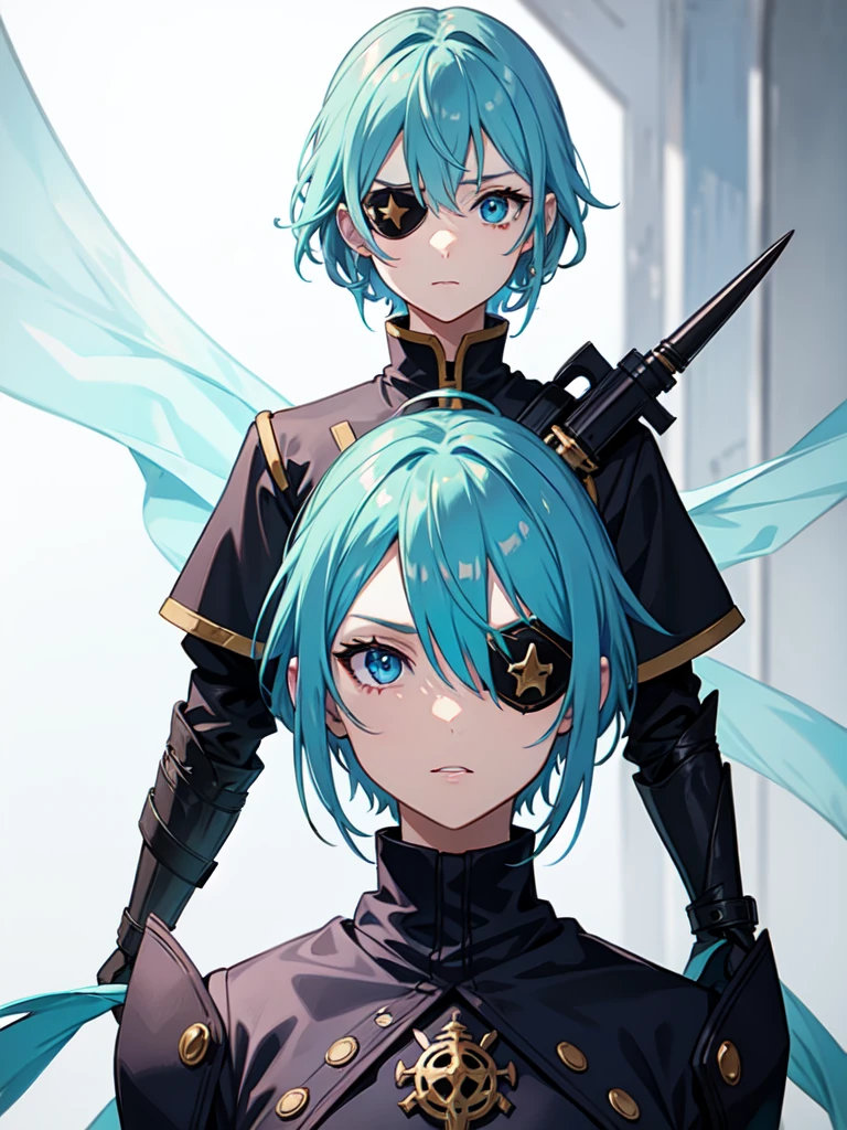 1 girl, light blue hair, light hair hair, sharp eyes, light blue eyes, bow, serious look, masterpiece, high quality, fantasy eyepatch, unique eyepatch, short hair, short hair, very short hair, unique hair, special hair, whit combat clothes