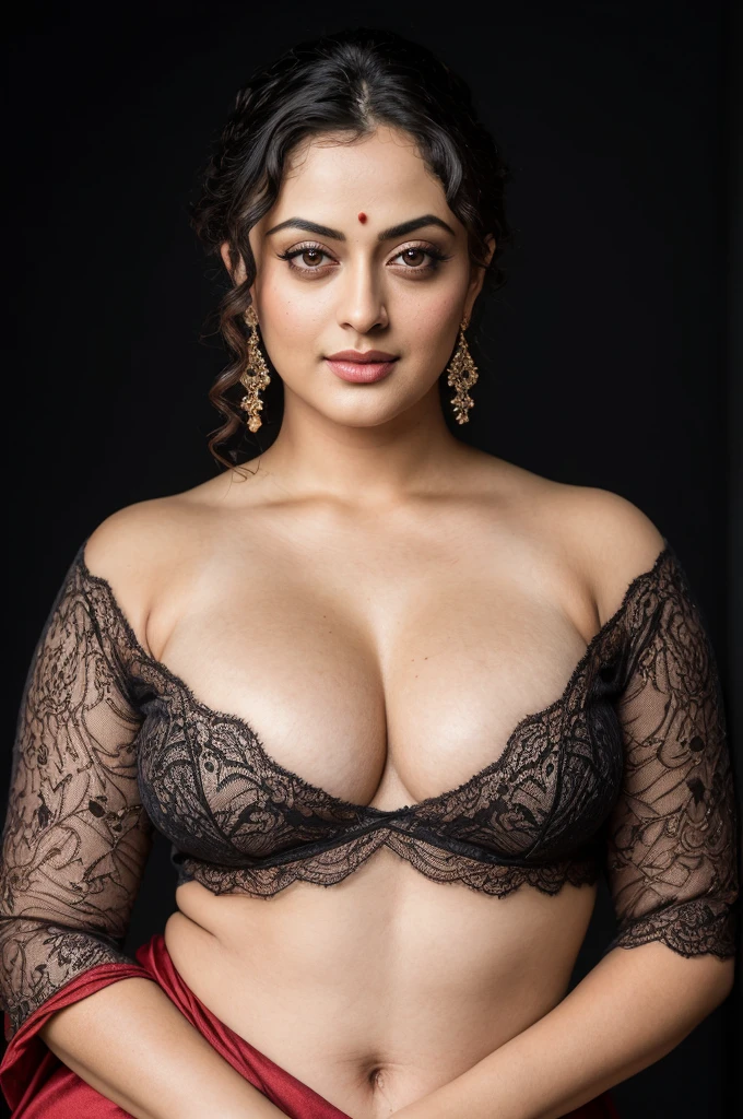 Looks like Sandeepa Dhar, a photo portrait of a beautiful girl 40 years old Woman, curvy hot mommy figure, fleshy figure, feminine curve, with curls, styled black hair, (face portrait:1.5), dramatic light, Rembrandt lighting scheme, bust shot, linen tank top , top quality editorial photograph, skin texture, skin pores, chocolate skin, high quality skin, top quality photography, professional photography, professional retouching, insane detailing, warm moody tones, modern clothes, highly detailed armpits, 