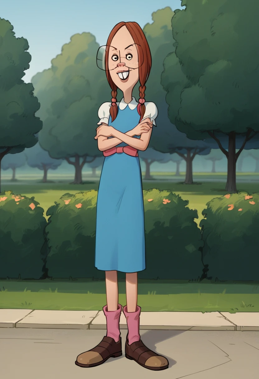 score_9, score_8_up, score_7_up, score_6_up, score_5_up, score_4_up, BREAK  gretchen_grundler, 1girl, dress, crossed arms, glasses, braid, looking at viewer, smile, buck teeth, short sleeves, blue dress, outdoors, pink socks, brown shoes