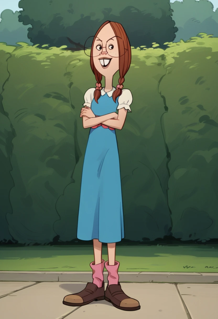 score_9, score_8_up, score_7_up, score_6_up, score_5_up, score_4_up, BREAK gretchen_grundler, 1girl, dress, crossed arms, glasses, braid, looking at viewer, smile, buck teeth, short sleeves, blue dress, outdoors, pink socks, brown shoes