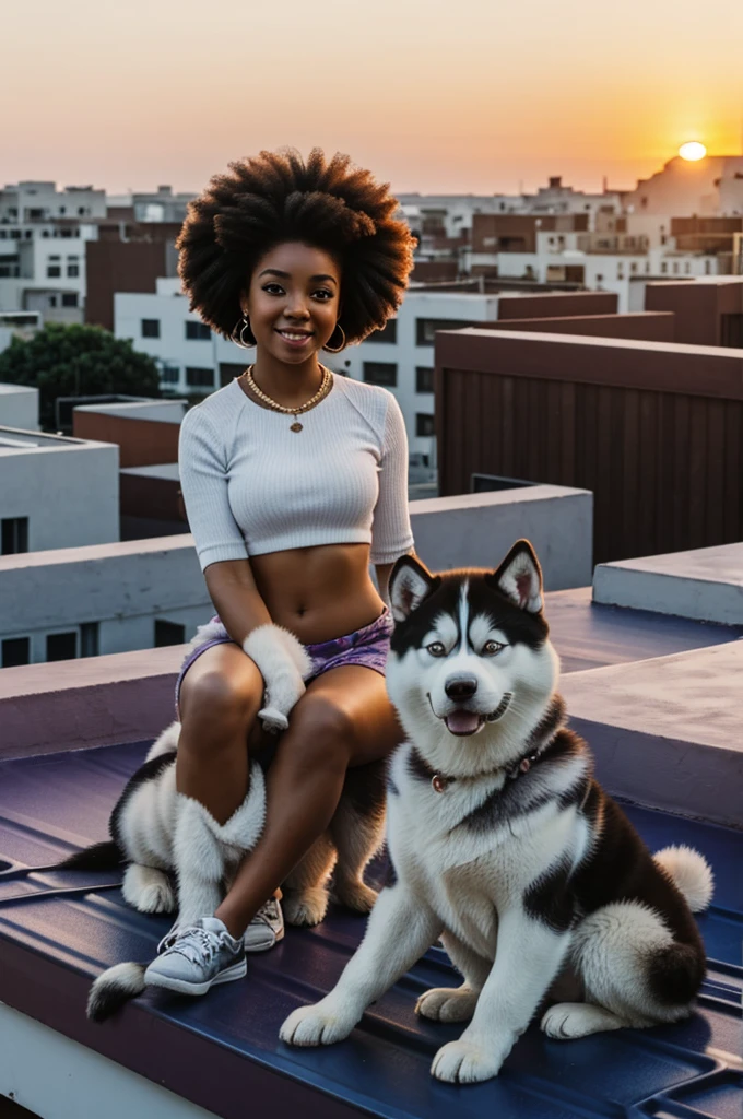 An Afro girl sitting on a rooftop with a sunset in the background and a Husky puppy sitting next to her
