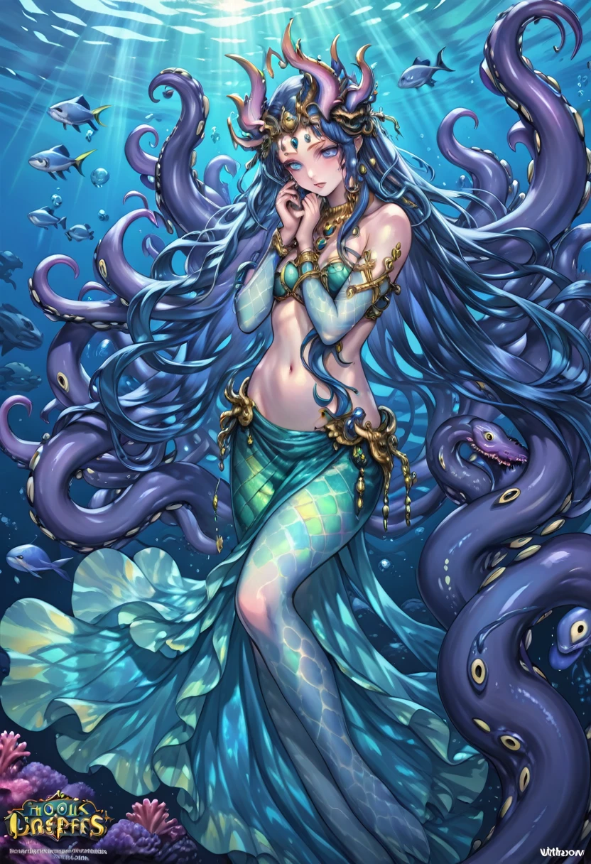 [translucent:opal:0.5], Reflective Transparent Opaque See-through Sarong, krakens, Long hair, 白色Long hair，Mermaid, Goddess of the sea, Ocean Goddess，Tentacles, Full face blush, Intricate details, light, excellent quality, Amazing shadows, Detailed description, Official Artwork, wallpaper, Official Art, Extremely detailed eyes and face, Beautiful and delicate eyes, black eyes, ((masterpiece, best quality)), from the side, whole body, Hook of Holland, Umbilical cord