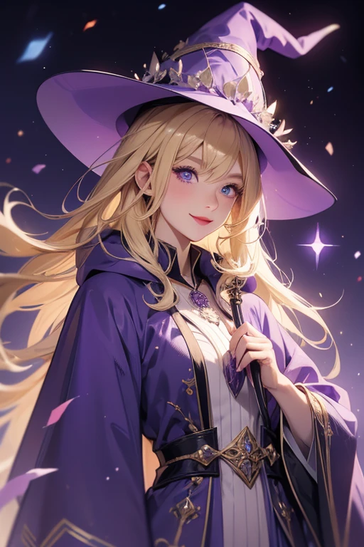 Blonde hair, Caucasian girl wearing purple wizard robes and a purple witch hat. Holds a wand in one hand. Has blue eyes and lipstick. Smiling