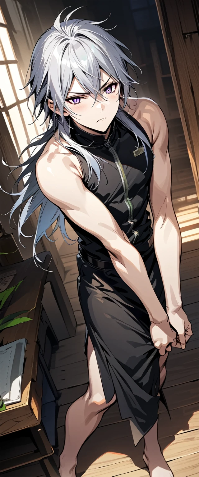 absurdres, highres, ultra detailed, super fine illustration, best quality, 1boy, perfect anatomy, male focus, solo, (dark-skinned:0.8) male, silver hair, long hair, black bikini, bare shoulders, bare arms, bare legs, <lora:_L2090:-0.6> <lora:flat:-0.2>