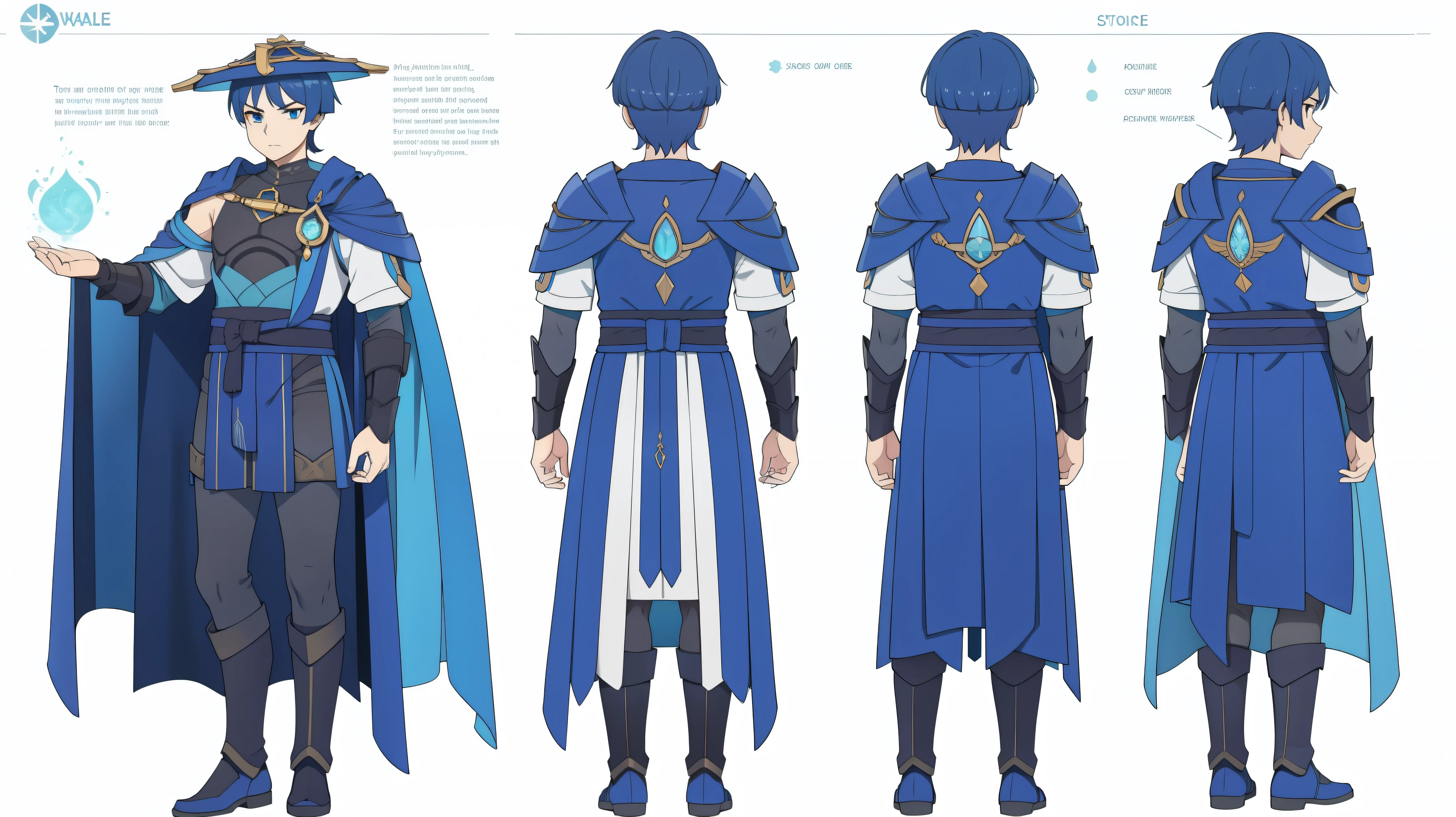Cape, Metal armor, Body armor, shoulder pads (shiny cyan armor:1.0)Sfw, (Wanderer:1.0)Thin, fit, 1boy, solo, male focus, looking at viewer, upper body,  hair, realistic, hat, default clothing, wanderer clothing, (character design sheet, full body, front, side, back), Illustration, environment change, pose (simple background, white background: 1.0)