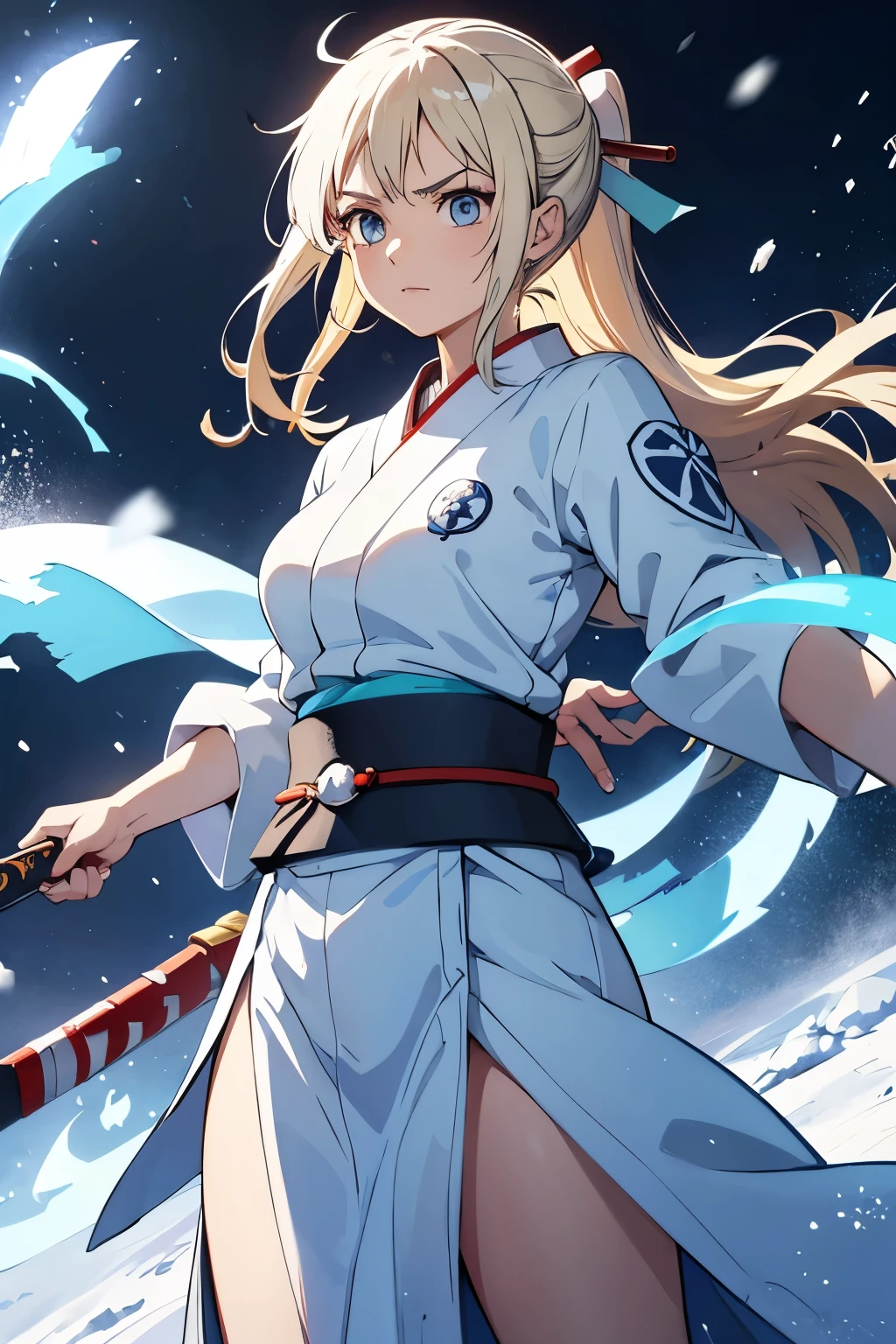 1 women, Look alike of Okita Souji, Long Blonde hair, Blue eyes, carries a sword, using her Snow elemental powers, she has a white aura like Luffy gear 5 from one piece anime, Snow Powers, White Snow Powers, Using Snow Powers with her one hand, standing, wearing a light blue kimono, snow element arc like aura, using snow powers, white aura around here , snow around powers around her, modern 