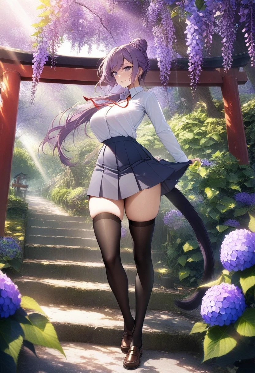 masterpiece, best quality, very aesthetic, absurdres, 1girl, mature_lady, ,Lilac hairbun / braided bun,sainan_high_school_uniform, school_uniform, shirt, skirt, tail, tail_fondling, thighhighs, white_shirt, black_thighhighs,,Wallpaper Fusion, dappled sunlight, day, flower, hydrangea, leaf, light rays, nature, outdoors, path, plant, purple flower, scenery, stairs, sunlight, torii, tree, wisteria,floating_hair