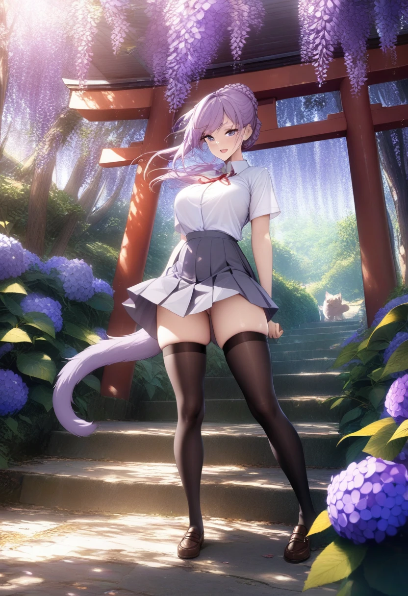 masterpiece, best quality, very aesthetic, absurdres, 1girl, mature_lady, ,Lilac hairbun / braided bun,sainan_high_school_uniform, school_uniform, shirt, skirt, tail, tail_fondling, thighhighs, white_shirt, black_thighhighs,,Wallpaper Fusion, dappled sunlight, day, flower, hydrangea, leaf, light rays, nature, outdoors, path, plant, purple flower, scenery, stairs, sunlight, torii, tree, wisteria,floating_hair