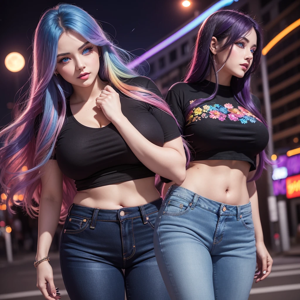 A beautiful young woman, aged 28, long rainbow colored hair, sapphire blue eyes that shine like gemstones, curvy figure, wearing a black cropped t-shirt with a floral pattern, wearing low rise dark purple jeans, colorful city background with neon, nighttime, blood red moon in the sky, neon smoke