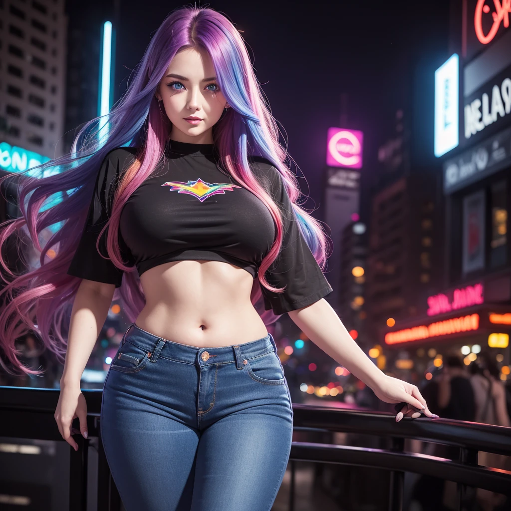 A beautiful young woman, aged 28, long rainbow colored hair, sapphire blue eyes that shine like gemstones, curvy figure, wearing a black cropped t-shirt with a floral pattern, wearing low rise dark purple jeans, colorful city background with neon, nighttime, blood red moon in the sky, neon smoke