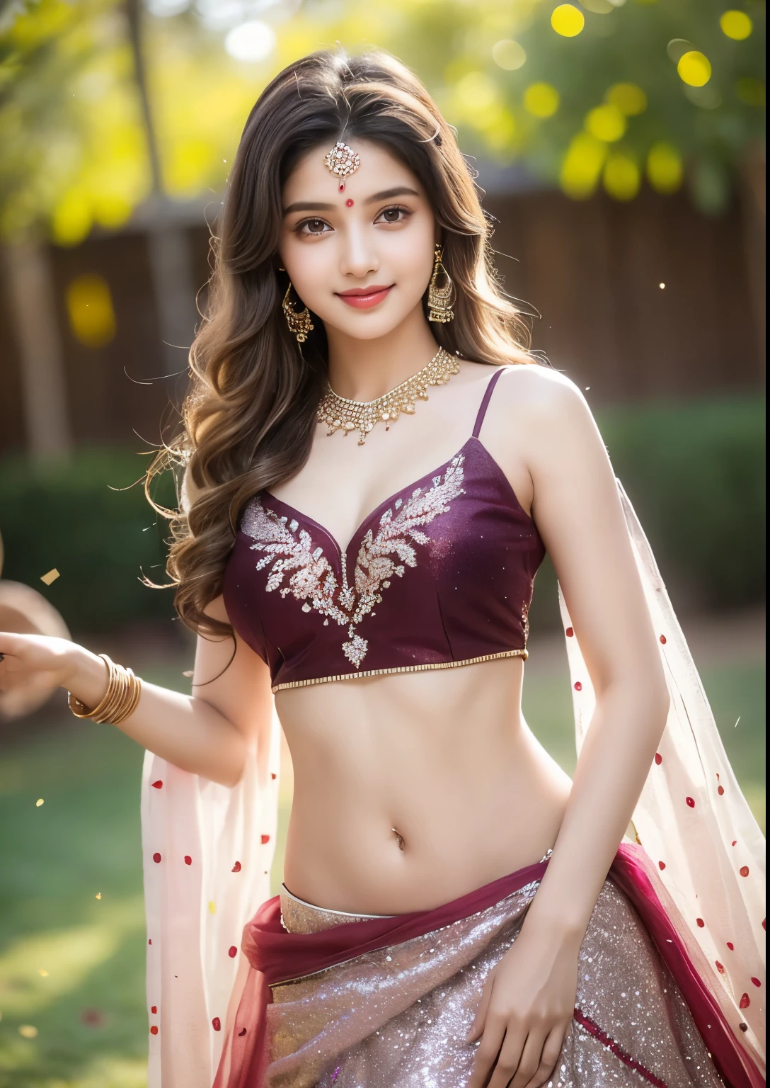 (((desi indian young 14 aged girl))), 14 years girl, cute and pretty face, natural skin, wearing hot Lehenga, choli and Dupatta dress, charming black hair, ((hair ends are blonde)), Indian festival Holi celebration's in background, detailed Holi festival, (wearing simple jewellery), Super Round Big Young Breast, Pretty cute Navel, Soft Oval Navel, Detailed pretty Navel, (Navel Jewelry), Slender girl, bright light, longhair, Bokeh, Indian ,tree branch, colorful, ((Glitter burgundy color princess dress))((choli:1.2,lehenga:1.2,dupatta:1.2)), detailed princess dress, designer dress, smile, pretty, cute, 4k, 8k, CG unity 8k wallpaper, depth of field, ray tracing, perfect figure, sweet round breasts, romantic Eyes, Romantic smile, Romantic Standing Angle, stylish curved angle, (angle with playing kolattam dance with sticks), Bright skin, glow face, glow skin, small cleavage, slightly lips open, color splash, paint splash on body