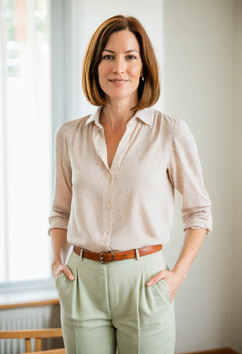 Portrait of Dr. Amanda Eversfield, 38 years old, slender build, 5'7", shoulder-length chestnut brown bob, hazel eyes, fair skin with freckles, wearing a pastel blouse and trousers, professional yet approachable, soft background with a cozy, well-lit room
