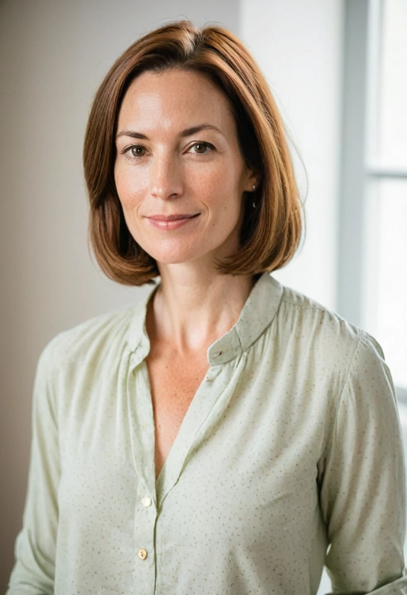 Portrait of Dr. Amanda Eversfield, 38 years old, slender build, 5'7", shoulder-length chestnut brown bob, hazel eyes, fair skin with freckles, wearing a pastel blouse and trousers, professional yet approachable, soft background with a cozy, well-lit room
