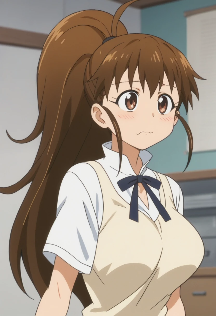 score_9, score_8_up, score_7_up, rating_explicit, anime screencap, upper body, 1girl, solo, working!!, taneshima popura, brown eyes, brown hair, long hair, ponytail, (large breasts:1.2), in heatface