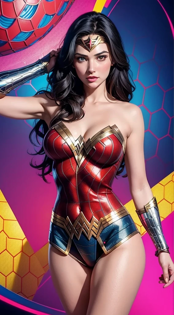 Wonder Woman (big tits) in the style of Spider-Man, masterpiece, best quality, abstract, psychedelic, neon, (honeycomb pattern), (creative:1.3), sy3, SMM, fantasy00d