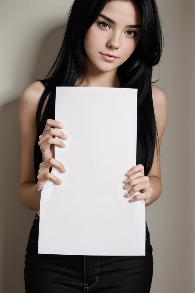 A real white Canadian girl with black hair but with the tips dyed red good body holding a small paper that has the name aliciaml0 written very large so that it can be read well (aliciaml0 written with black color)