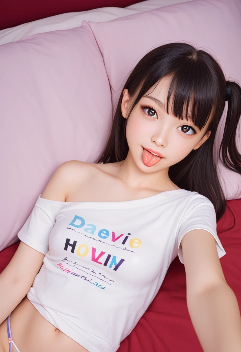 ollarbone,pastel colors t-shirt,off-shoulder look,bare shoulder,midriff peek,string panties,open mouth,(tongue out:2),lying,Selfie,looking ahead,from above,front view,cowboy shot,(1girl,Beautiful 14 year old girl),((Slender,Small breasts,Small face,)),looking at viewer,Black Hair,bangs,one side up,Beautiful and detailed,Mischievous smile,Dimly lit room,Simple Background,bed,pillow,best quality
