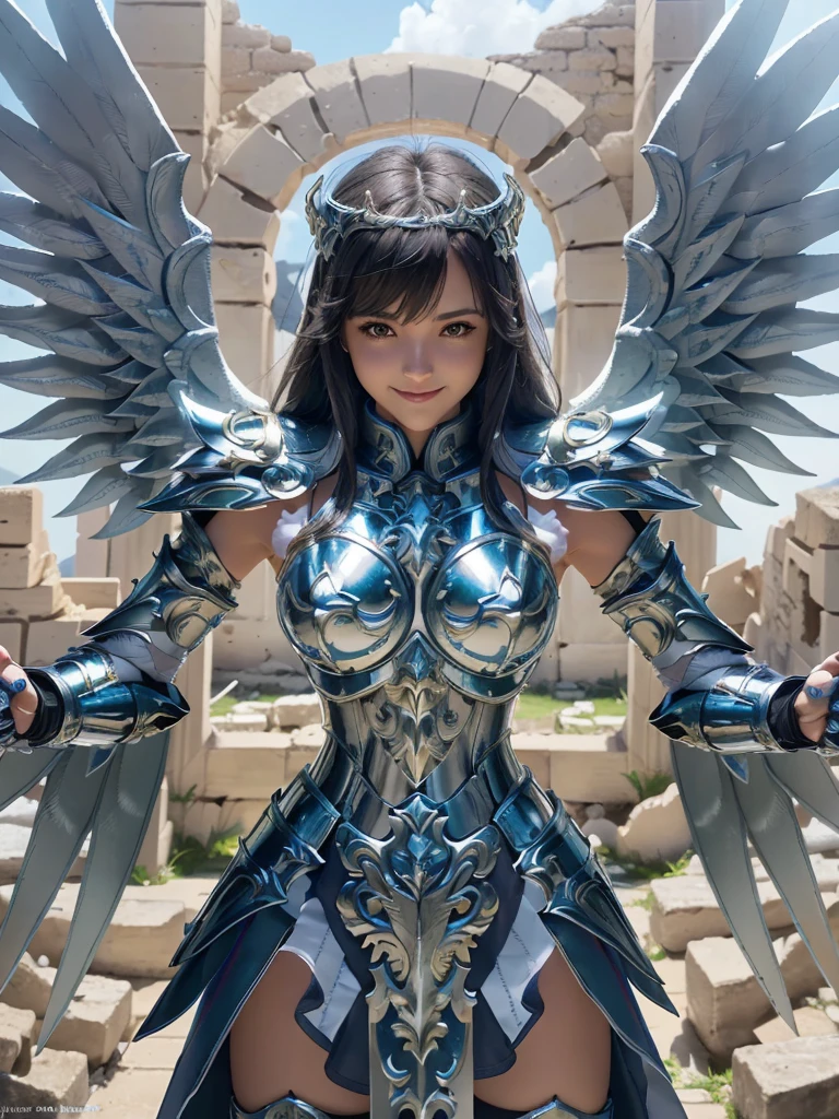 Design, interior, interiorDesign saint_Cloth, divine_Masterpiece armor, Best Quality, (very detailed raw photo:1.2), 8K Octane Rendering, volumetric lighting, volumetric shadows a portrait of a woman, (armor reflections:1.2), smiling, Alas
((Realistic Highly Detailed Ruins of Greece Background))