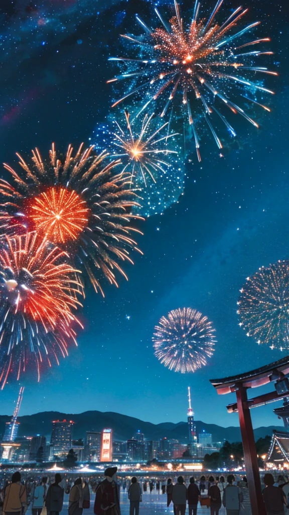 nighttime scene、(The vast starry sky:1.4)、glistening starilky Way in 7 colors、Fireworks Festival、Large fireworks in the night sky、the beautiful skyline、The streets of Kyoto、Shrines、Summer Festivals、the extremely tense and dramatic pictures、the moving visual effects、high hanging Polaris、Colorful night with natural light