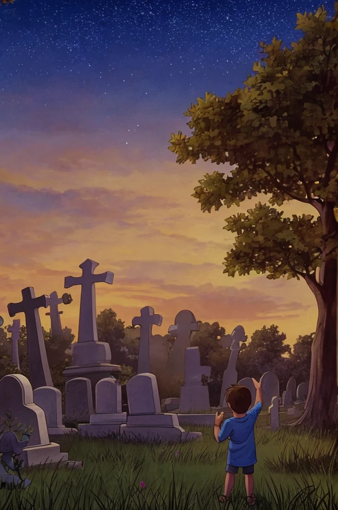 A boy waving to a ghost girl in a cemetery at night. Steven Rhodes' style.