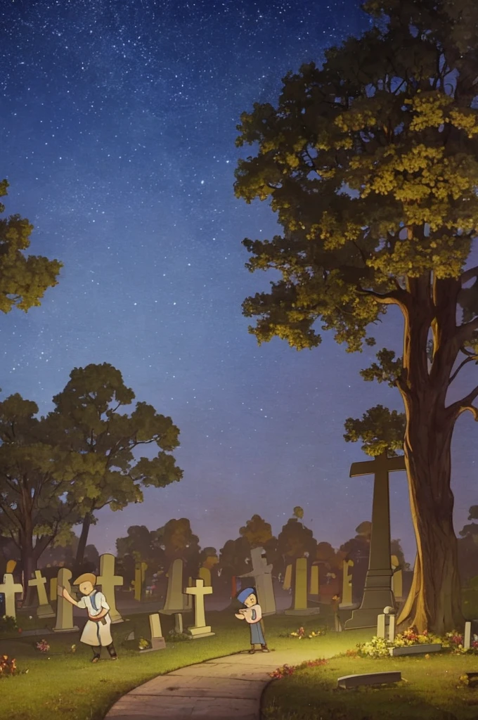 A boy waving to a ghost girl in a cemetery at night. Steven Rhodes' style.