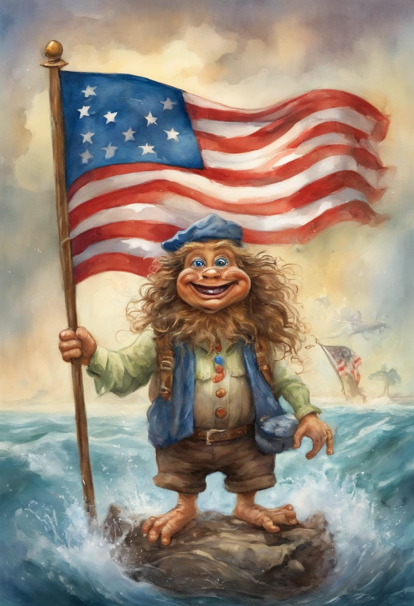 ((long haired man inbtoad during hurricane waving the florida flag, age pail kidsyle)), under water, 3d cartoon, high quality, detailed,