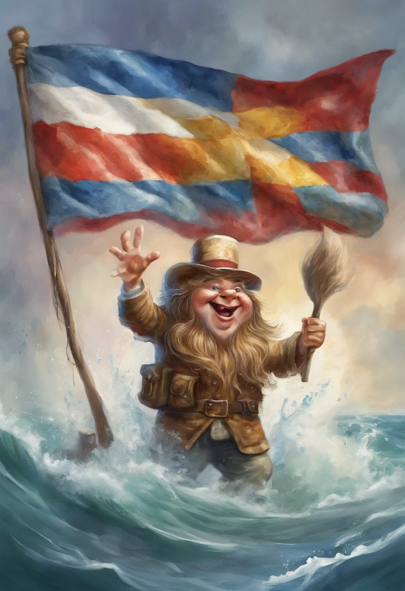 ((long haired man inbtoad during hurricane waving the florida flag, age pail kidsyle)), under water, 3d cartoon, high quality, detailed,