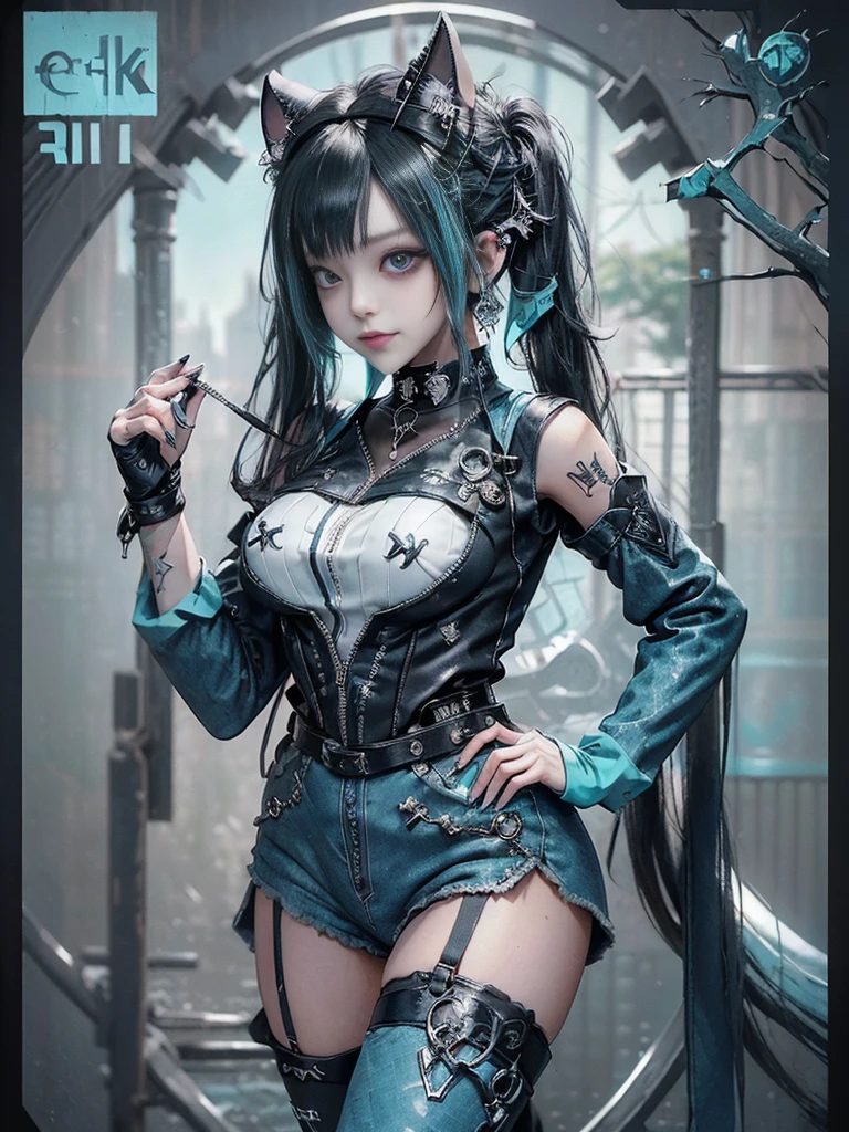 (Full body view:1.4)、(Full Body View:1.4)、(Side view:1.1)、(Smiling with teeth showing:1.3),(Shibuya Gal:1.5)、(Maid café clerk:1.5)、(Punk RockVisual Kei:1.4)、(Turquoise, navy and denim medieval noble zip up:1.5)、(Navy and white arm covers and bugle pants:1.5)、(Blue high heels:1.3)、(Wearing silver accessories:1.5)、(Dark brown collar:1.4)、(Leather garter belt:1.4)、(Brown Skin Belt:1.3)、(Black lace underwear:1.5)、20-year-old、NSFW、((Highest quality、In 8K、masterpiece:1.3))、Sharp focus:1.2、(Layered Cut、Huge boobs:1.1),Beautiful woman with perfect figure:1.4、(Doing an aerobics pose:1.3)、Slender Abs:1.2、Highly detailed face and skin texture、Detailed eyes、double eyelid,(Twin tails:1.3)、(Black Hair:1.3)、Gravure idol、(A fairytale-like cafe with a lush tree background:1.3)、(Slim body:1.3),(Make your legs thinner:1.4),(Thin, thin thighs:1.3)、(clavicle:1.1)