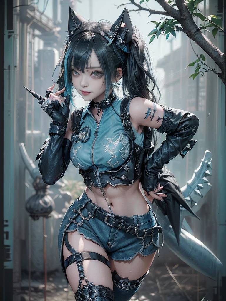 (Full body view:1.4)、(Full Body View:1.4)、(Side view:1.1)、(Smiling with teeth showing:1.3),(Shibuya Gal:1.5)、(Maid café clerk:1.5)、(Punk RockVisual Kei:1.4)、(Turquoise, navy and denim medieval noble zip up:1.5)、(Navy and white arm covers and bugle pants:1.5)、(Blue high heels:1.3)、(Wearing silver accessories:1.5)、(Dark brown collar:1.4)、(Leather garter belt:1.4)、(Brown Skin Belt:1.3)、(Black lace underwear:1.5)、20-year-old、NSFW、((Highest quality、In 8K、masterpiece:1.3))、Sharp focus:1.2、(Layered Cut、Huge boobs:1.1),Beautiful woman with perfect figure:1.4、(Doing an aerobics pose:1.3)、Slender Abs:1.2、Highly detailed face and skin texture、Detailed eyes、double eyelid,(Twin tails:1.3)、(Black Hair:1.3)、Gravure idol、(A fairytale-like cafe with a lush tree background:1.3)、(Slim body:1.3),(Make your legs thinner:1.4),(Thin, thin thighs:1.3)、(clavicle:1.1)