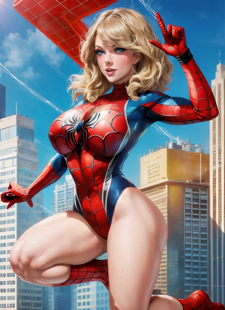 A girl,  young Tylor Swift, Wearing a Spiderman swimsuit，Female Spider-Man，Beautiful face，blond，Blue Eyes，Lively expressions，A charming smile。Red fishnet swimsuit，spider logo, Jumping between skyscrapers，Full figure，huge breasts, Huge ass, Bare legs，sexy plump body，sexy uniform, Light and shadow effects，Fine image quality，excellent work，8K