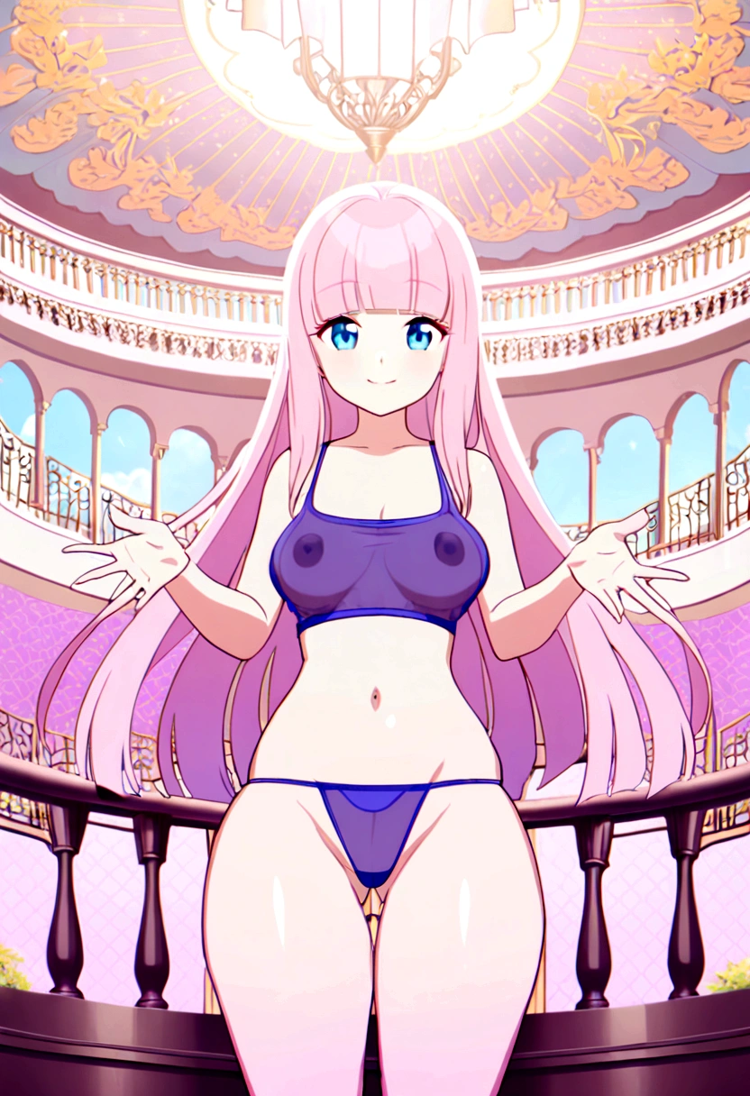 15yo girl, mini tank top, J cup breast, thong, thicc thigh, balcony, charming smile, light pink hair, hime cut hair, long hair, see through 