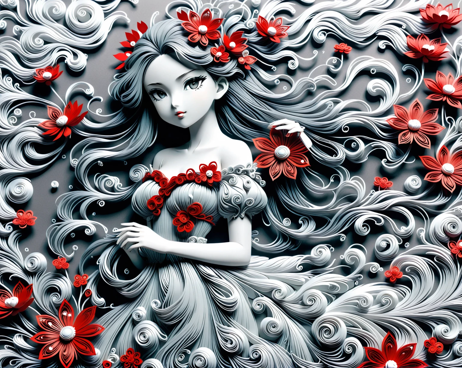 a close up of a paper doll with red flowers on it, paper modeling art, paper art, rin tohsaka, made of paper, layered paper art, sakimi chan, korean art nouveau anime, the girl made out of flowers, made from paper, grayscale phtoto with red dress, paper cut art, paper quilling, intricate ornate anime cgi style