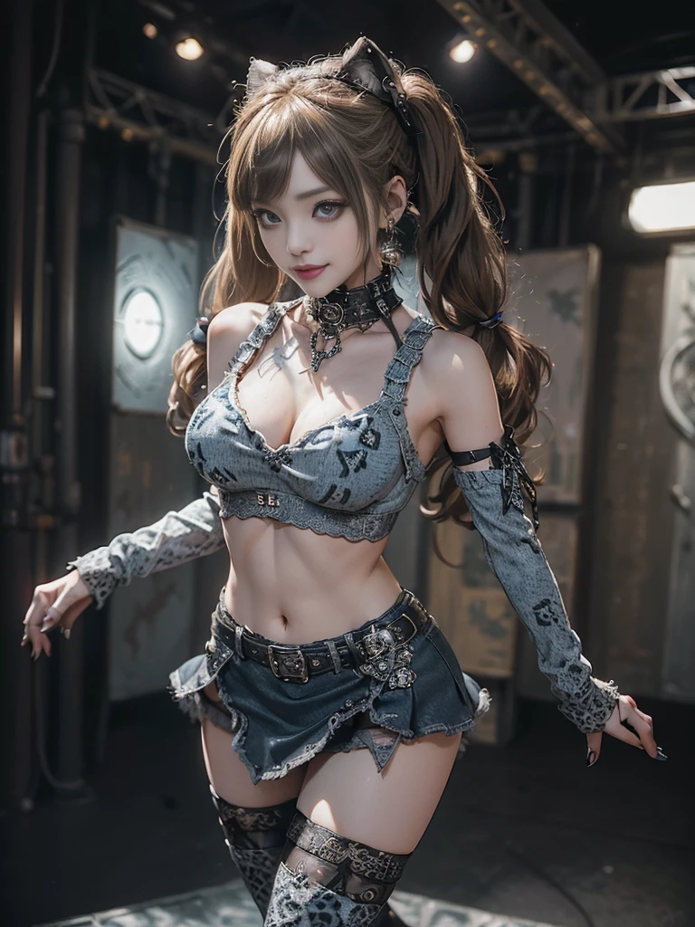 (Smiling with teeth showing:1.3),(Hollywood actress:1.5)、(Gothic ta style fashion:1.5)、(Punk RockVisual Kei:1.5)、(Wearing a sweater with intricate decoration:1.4)、(A mini skirt with delicate white, denim and charcoal embellishments.:1.5)、(Denim, light blue and leopard print boots:1.3)、((belt))、(Numerous intricate patterns all over the costume:1.4)、(collar:1.3)、(Leopard print underwear:1.5)、20-year-old、NSFW、((Highest quality、In 8K、masterpiece:1.3))、Sharp focus:1.2、(Layered Cut、Huge boobs:1.1),Beautiful woman with perfect figure:1.4、(Dancing vigorously:1.3)、Slender Abs:1.2、Highly detailed face and skin texture、Detailed eyes、double eyelid,(Twin tails:1.3)、(Brown-golden hair:1.3)、Gravure idol、(The background is the stage of the fashion show:1.3)、(Slim body:1.3),(Make your legs thinner:1.4),(clavicle:1.1)