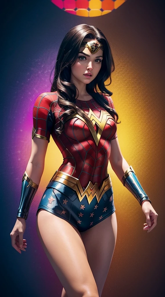 Wonder Woman in Spider-Man, masterpiece, best quality, abstract, psychedelic, neon, (honeycomb pattern), (creative:1.3), sy3, SMM, fantasy00d