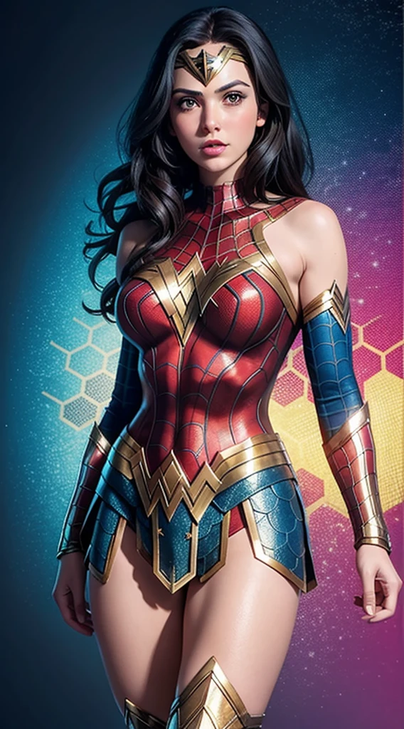 Wonder Woman in Spider-Man, masterpiece, best quality, abstract, psychedelic, neon, (honeycomb pattern), (creative:1.3), sy3, SMM, fantasy00d