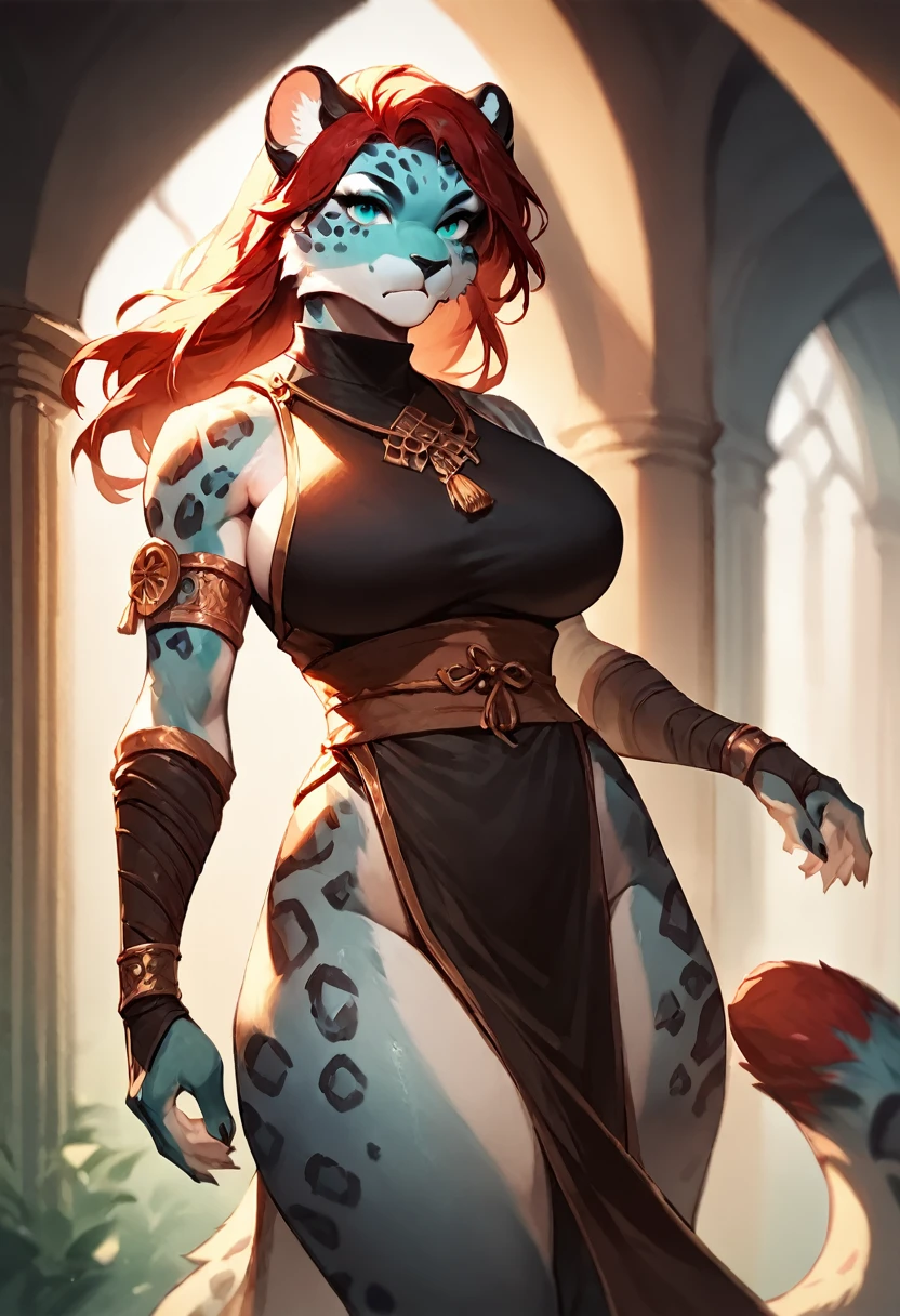 score_9, score_8_up, score_7_up, score_6_up, score_5_up, score_4_up, (solo), female anthro Snow leopard, (((monk clothes))), lusty, fluffy body, long dark red hair, turquoise eyes, (thick thighs:1.3) (she is standing), giant breasts