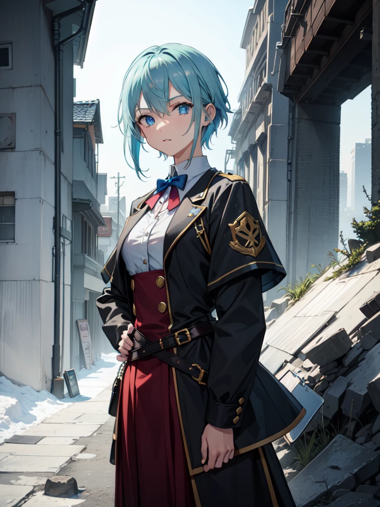 1 girl, light blue hair, white hair, sharp eyes, light blue eyes, bow, serious look, masterpiece, high quality, fantasy eyepatch, unique eyepatch, short hair, short hair, very short hair, unique hair, special hair, whit combat clothes