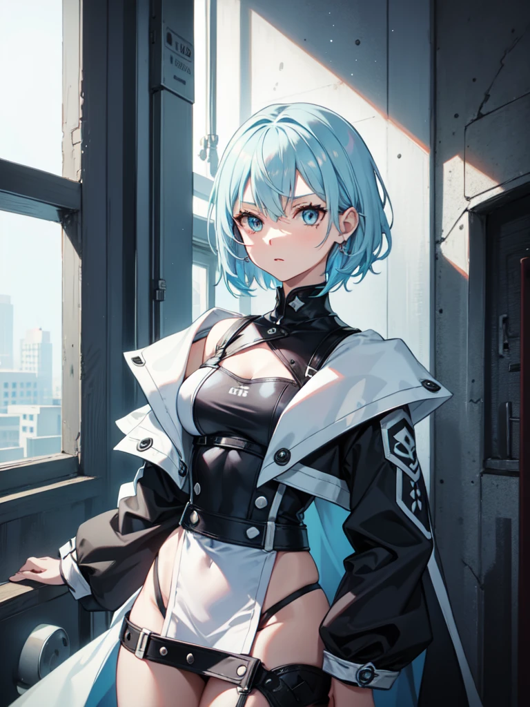 1 girl, light blue hair, white hair, sharp eyes, light blue eyes, bow, serious look, masterpiece, high quality, fantasy eyepatch, unique eyepatch, short hair, short hair, very short hair, unique hair, special hair, whit combat clothes