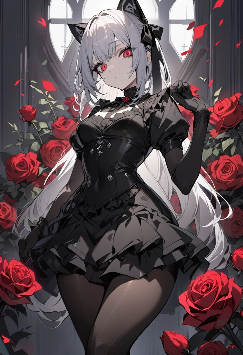Vittorio_Veneto \(warship girls r\),((masterpiece)),(((best quality))),((ultra-detailed)),((illustration)),((disheveled hair)),((frills)),(1 girl),(solo),1girl,animal,bangs,bare shoulders,black dress,black flower,black footwear,black legwear,black ribbon,black rose,blood,bouquet,breasts,camellia,cat,cleavage,closed mouth,clothed animal,collarbone,dog,dress,elbow gloves,flower,full body,garter straps,gloves,gradient,***,hair flower,hair ornament,high heels,holding bouquet,holding flower,jewelry,short hair,looking at viewer,low ponytail,medium breasts,pink rose,pubic tattoo,purple rose,red eyes,red flower,red rose,rose,rose petals,rose print,shoes,solo,spider lily,spot color,standing,strapless,strapless dress,stuffed animal,stuffed toy,thighhighs,thorns,twintails,short hair,white cat,white hair,white rose,Black wedding dress,long wedding dress,
