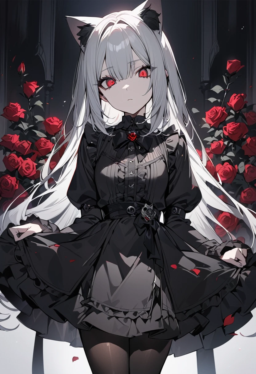 One girl, human, masterpiece, best quality, beautiful woman, expressionless, big eyes, red pupils, silver hair, hime cut, gothic lolita, cat eyes, black tights, background is roses, anime