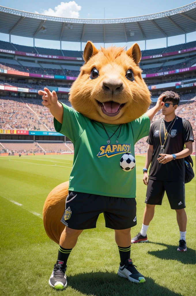 A vibrant and dynamic capybara mascot, standing on a lush green soccer field with a stadium in the background. The capybara wears the team's green shirt with black details, shorts, socks and cleats. On its neck, it has a rapper-style necklace, The capybara has a friendly and energetic expression, personifying the spirit of sport and joy, The overall style is 3D, with vibrant colors and clean and detailed real textures, photo realism